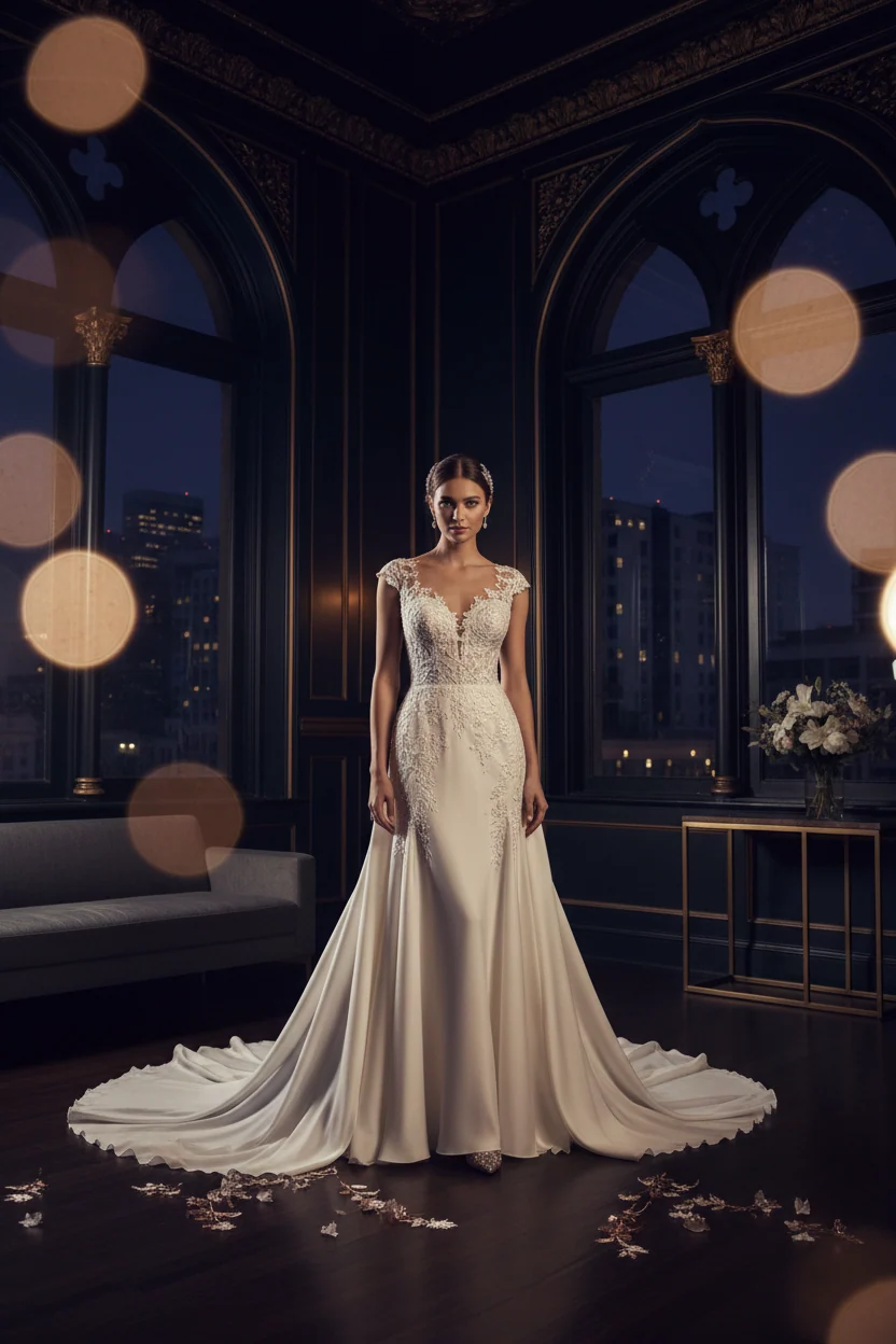 Midnight Bridal editorial photograph of a bride in a lace wedding gown in an evening salon