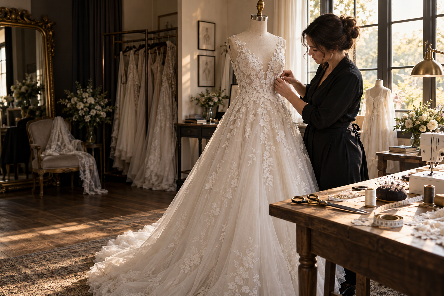 Imagined bridal atelier with a seamstress working on an ivory wedding gown on a dress form, with tailoring tools arranged nearby.