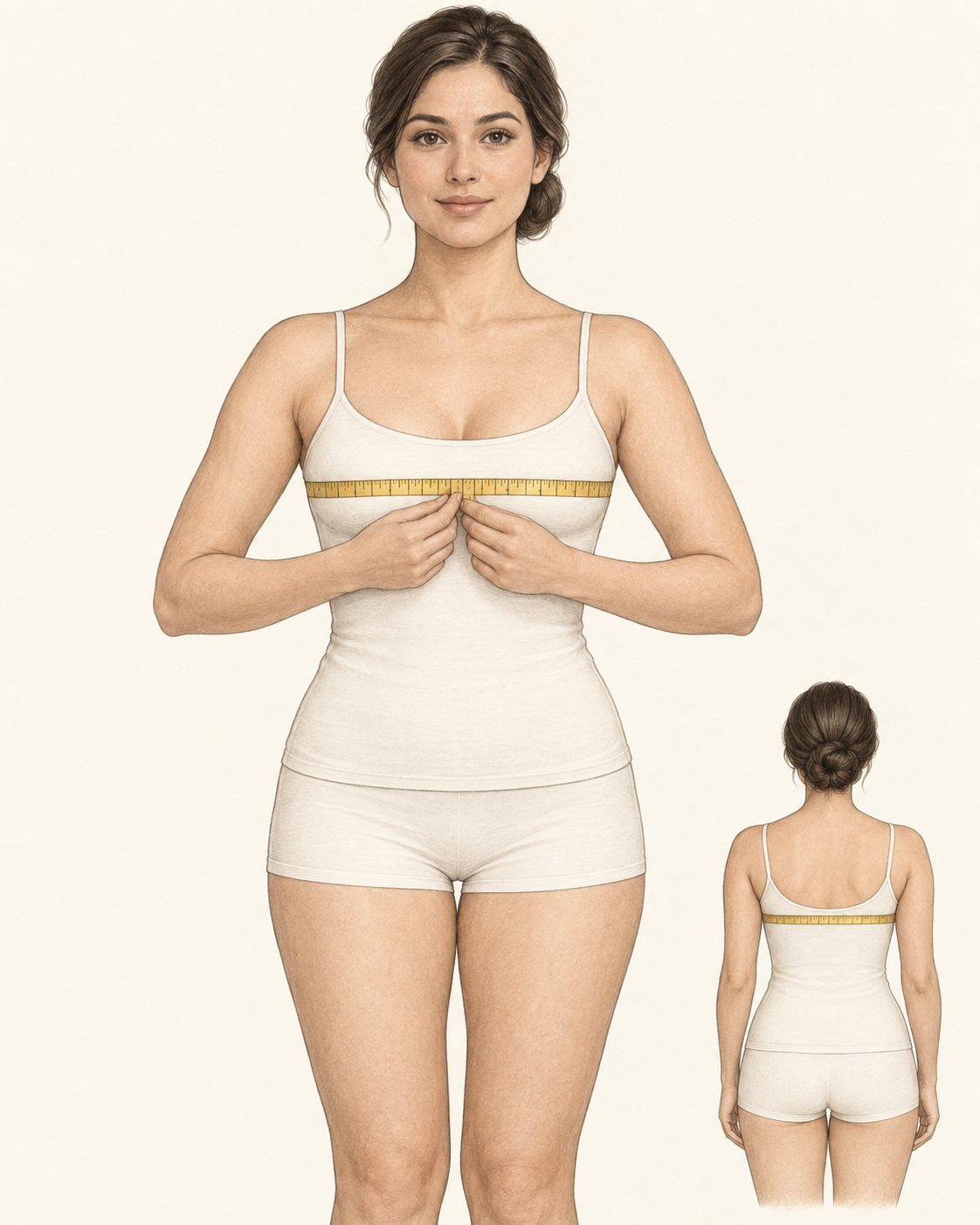Illustration of a woman with measuring tape across her bust; a small back view shows the tape level across her back.
