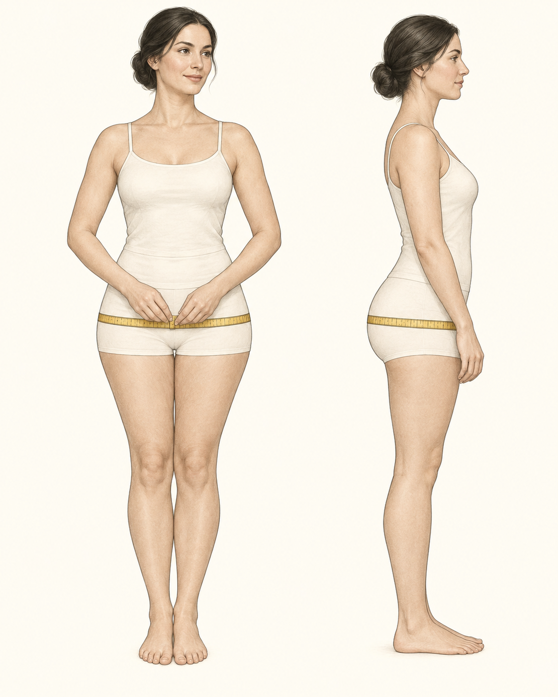 Illustration of a woman with her feet together and tape around her fullest hips and bottom; a side view shows the tape crossing her seat.