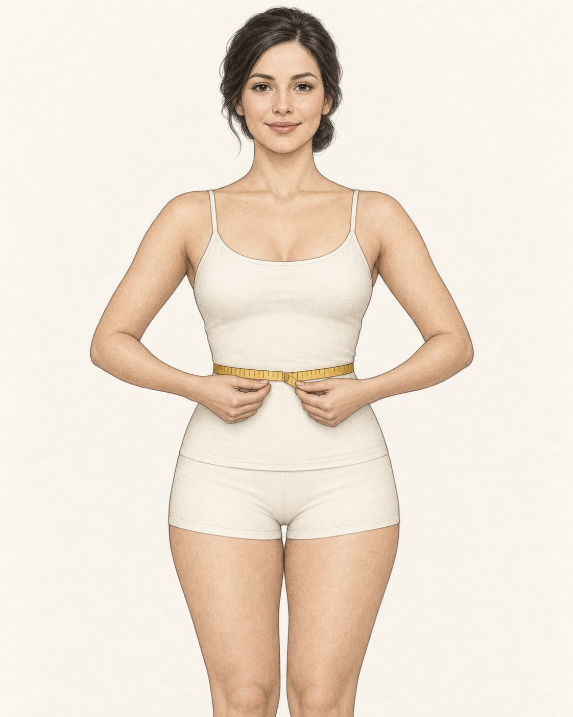Illustration of a woman standing upright with measuring tape level around her natural waist, between her rib cage and hip bones.