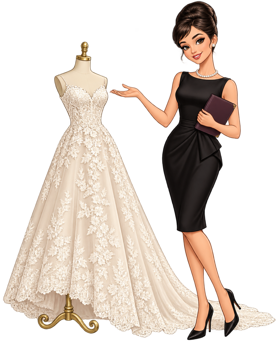 Veronica, Midnight Bridal’s illustrated bridal specialist, in a black dress and pearls beside a lace wedding gown.